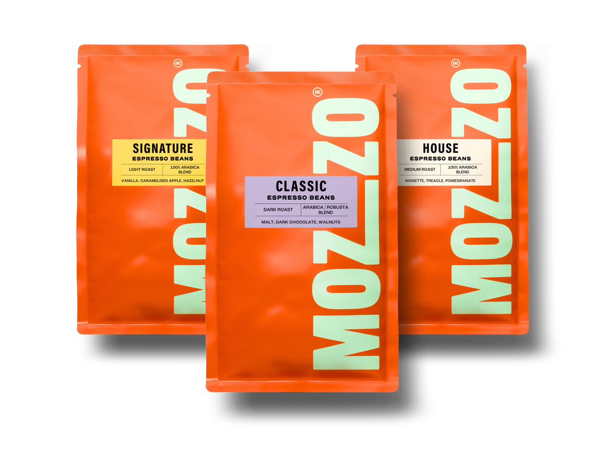 3x 250g Mozzo Coffee Bags: SIGNATURE Espresso Beans, CLASSIC Espresso Beans, HOUSE Espresso Beans (left-right)