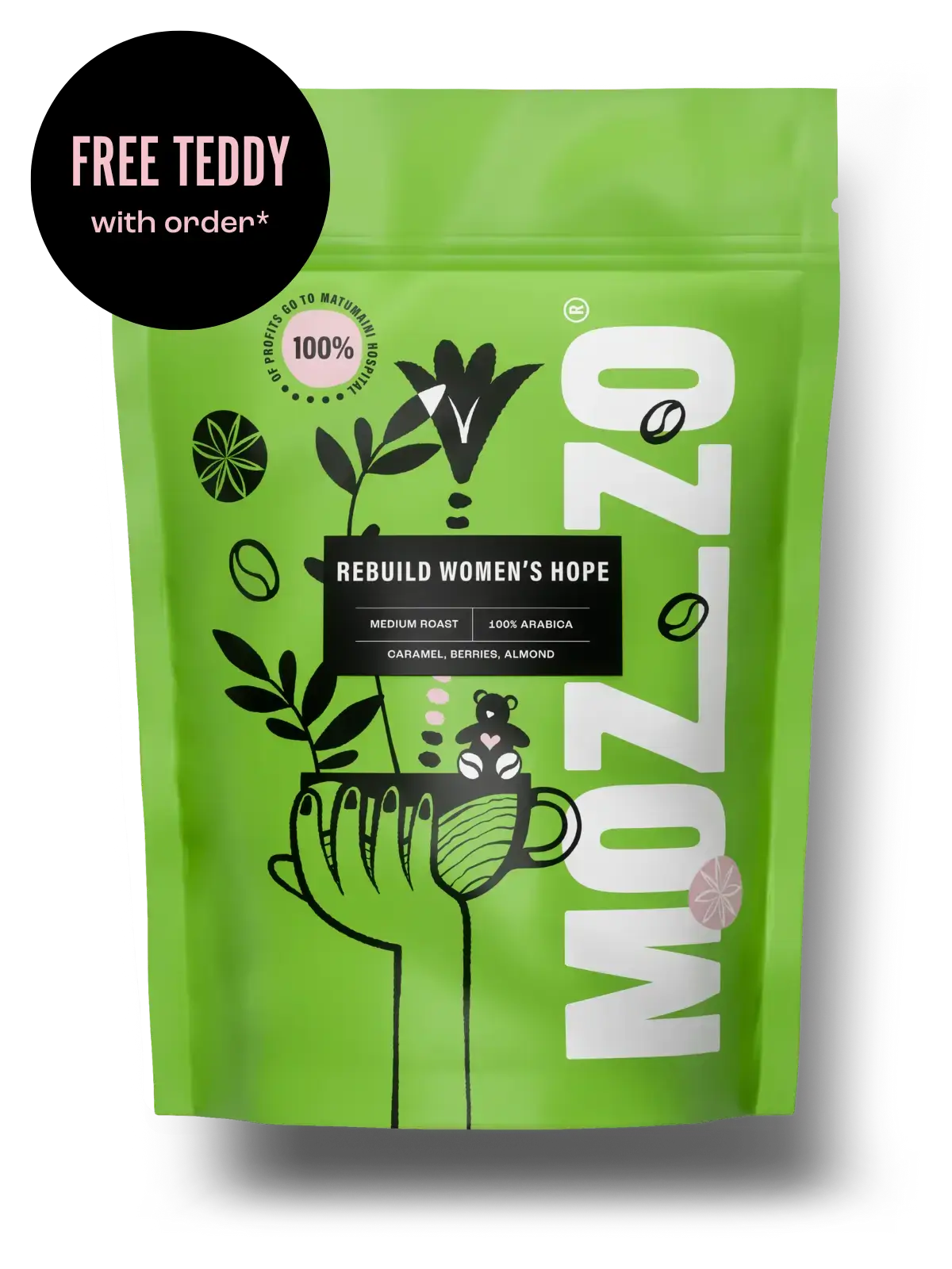 250g bag of Rebuild Women's Hope coffee plus black circle with "FREE TEDDY" text inside