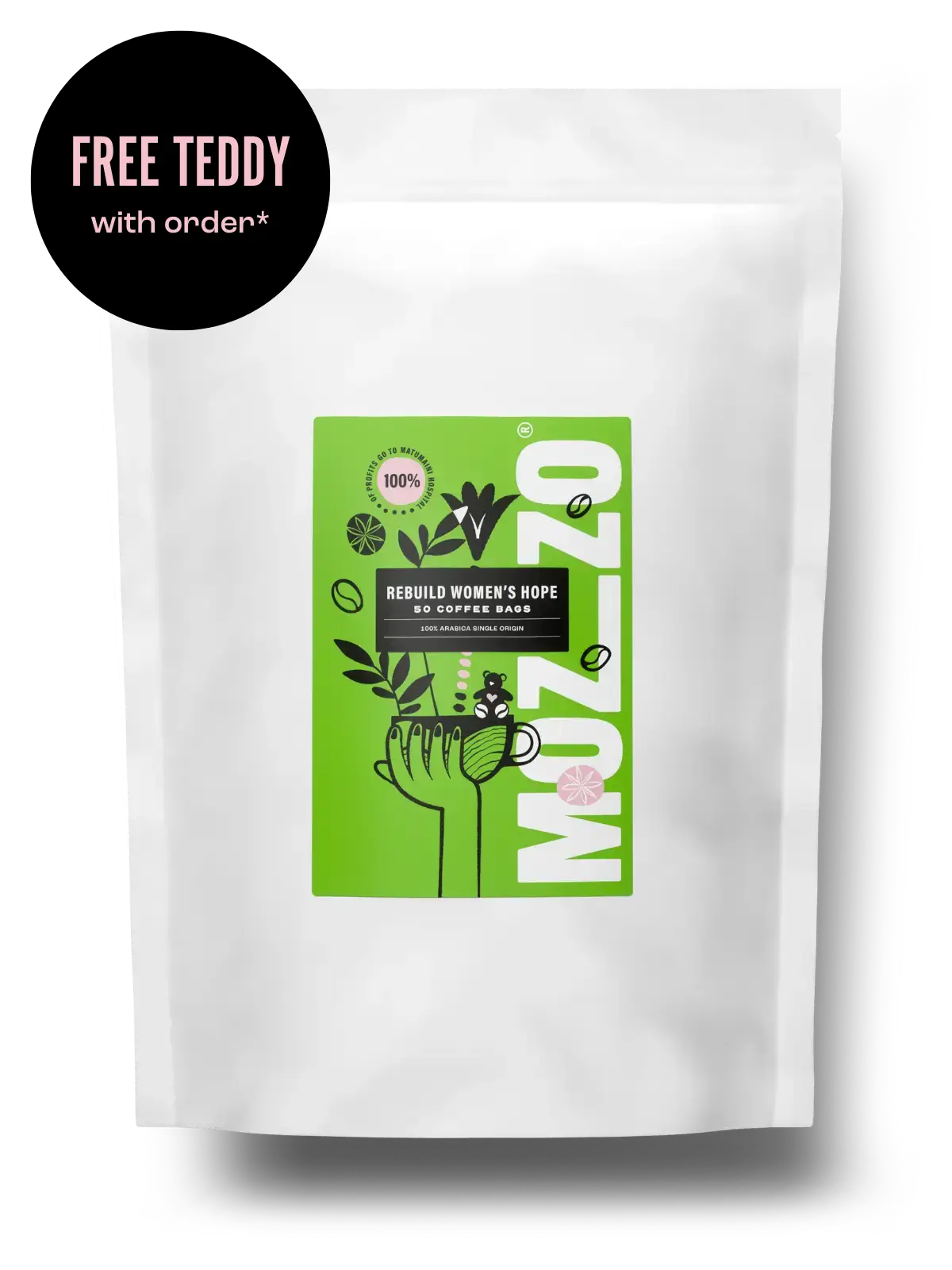 Bag of 50 Rebuild Women's Hope coffee bags with black circle with "FREE TEDDY" text inside